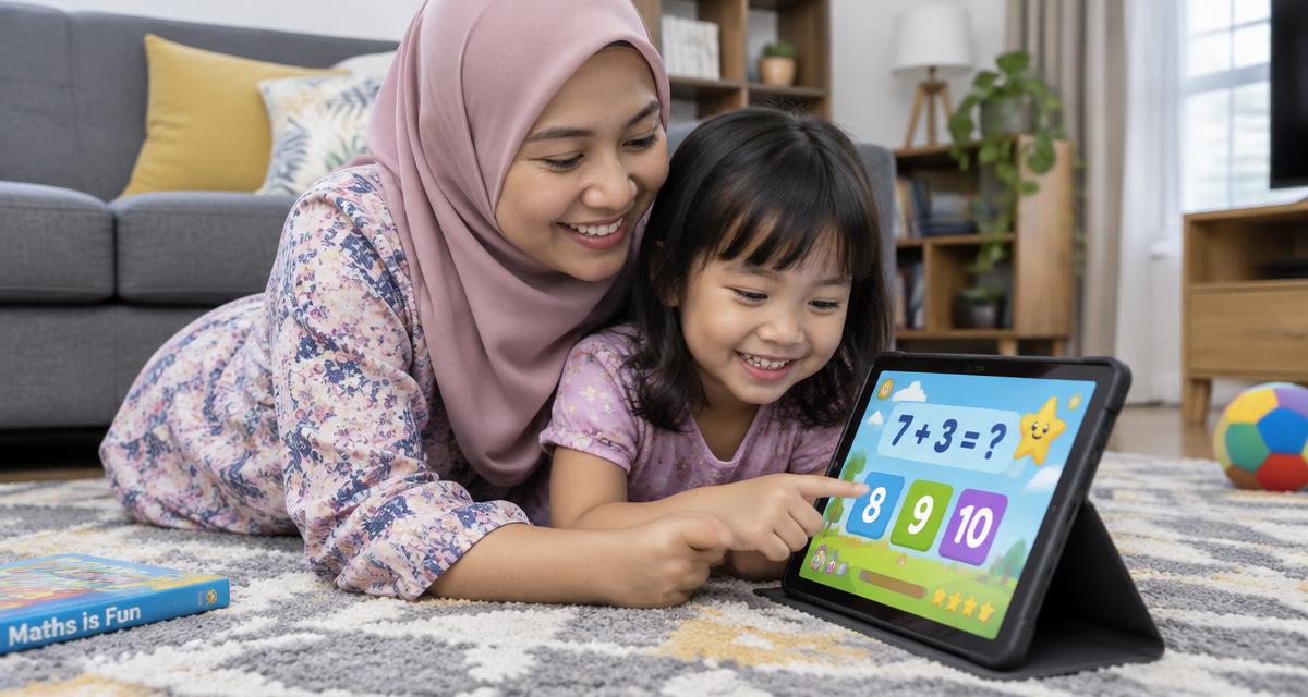 Ibu dan anak bermain permainan matematik di tablet di ruang tamu