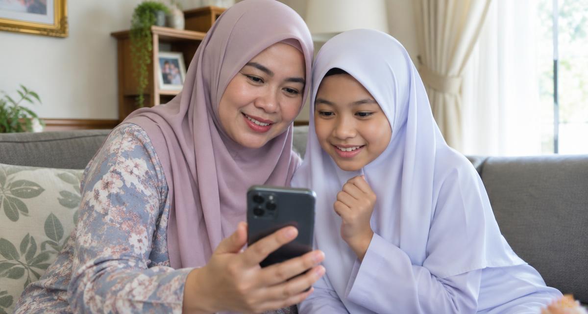 Ibu dan anak menyemak keputusan UPKK di telefon bimbit
