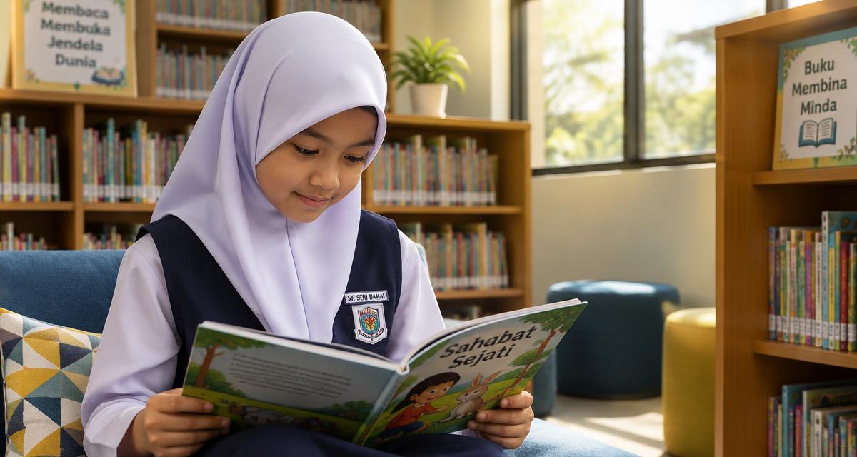 Murid sekolah rendah membaca buku cerita di perpustakaan sekolah